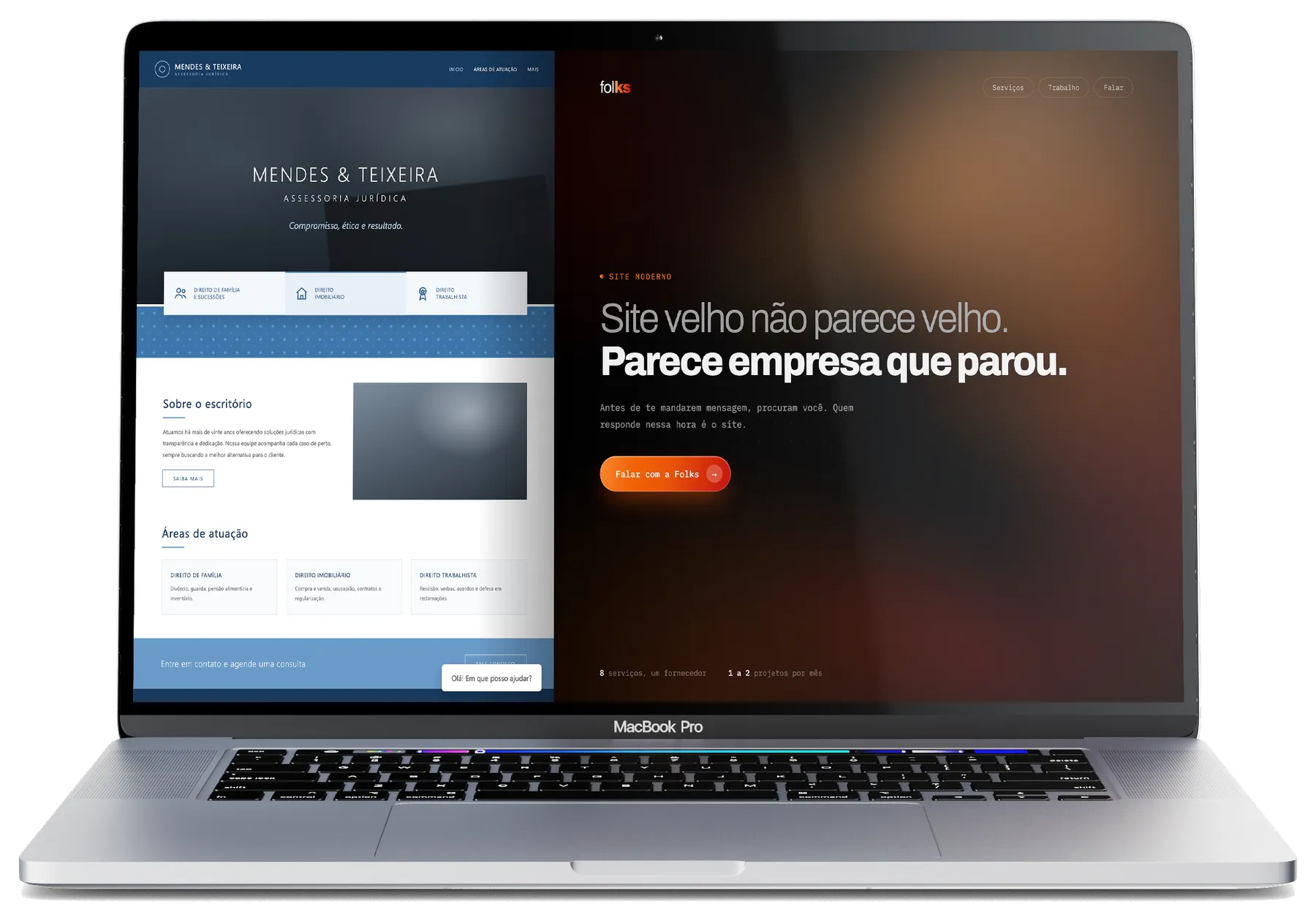 MacBook mostrando, lado a lado, um site de template genérico e o mesmo negócio com um site novo