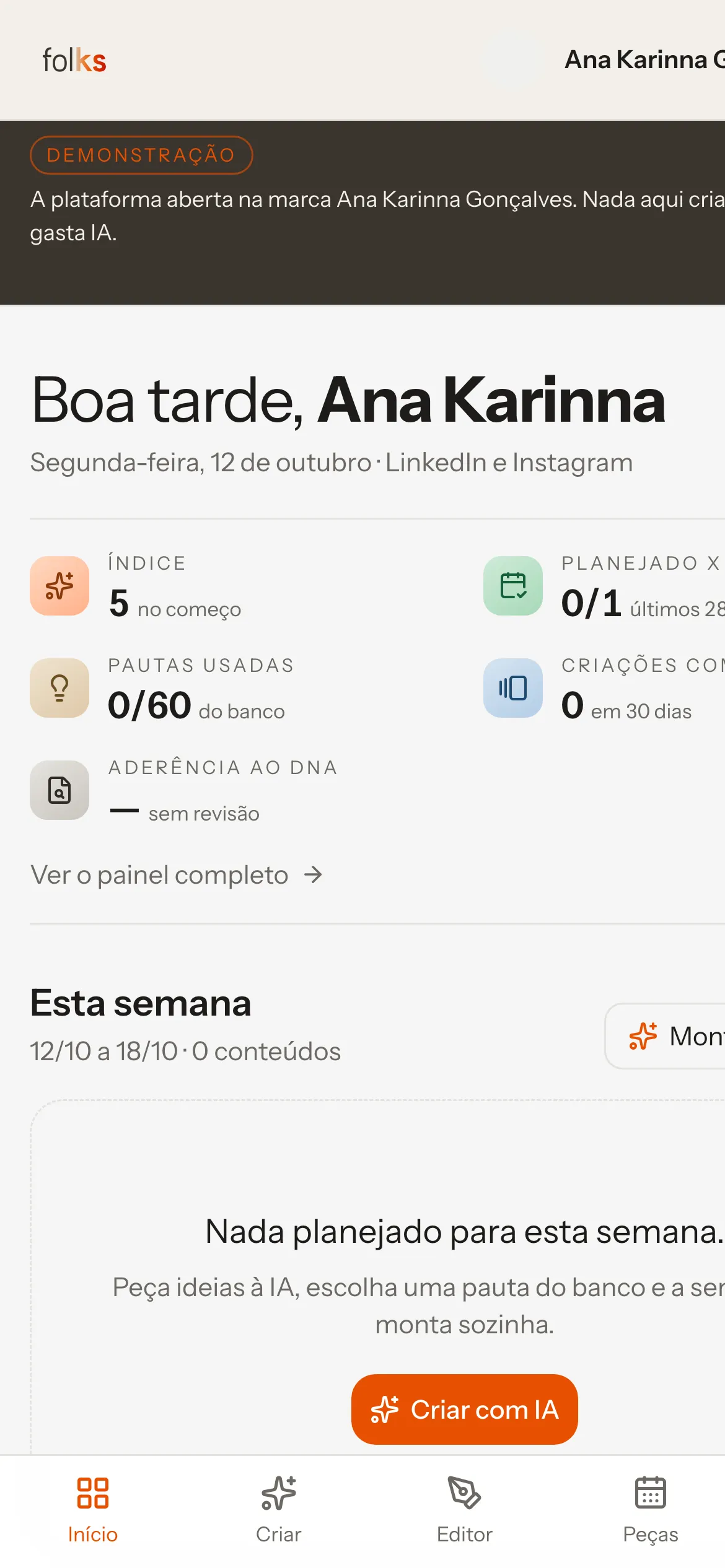 A mesma plataforma no celular, na marca da Ana Karinna